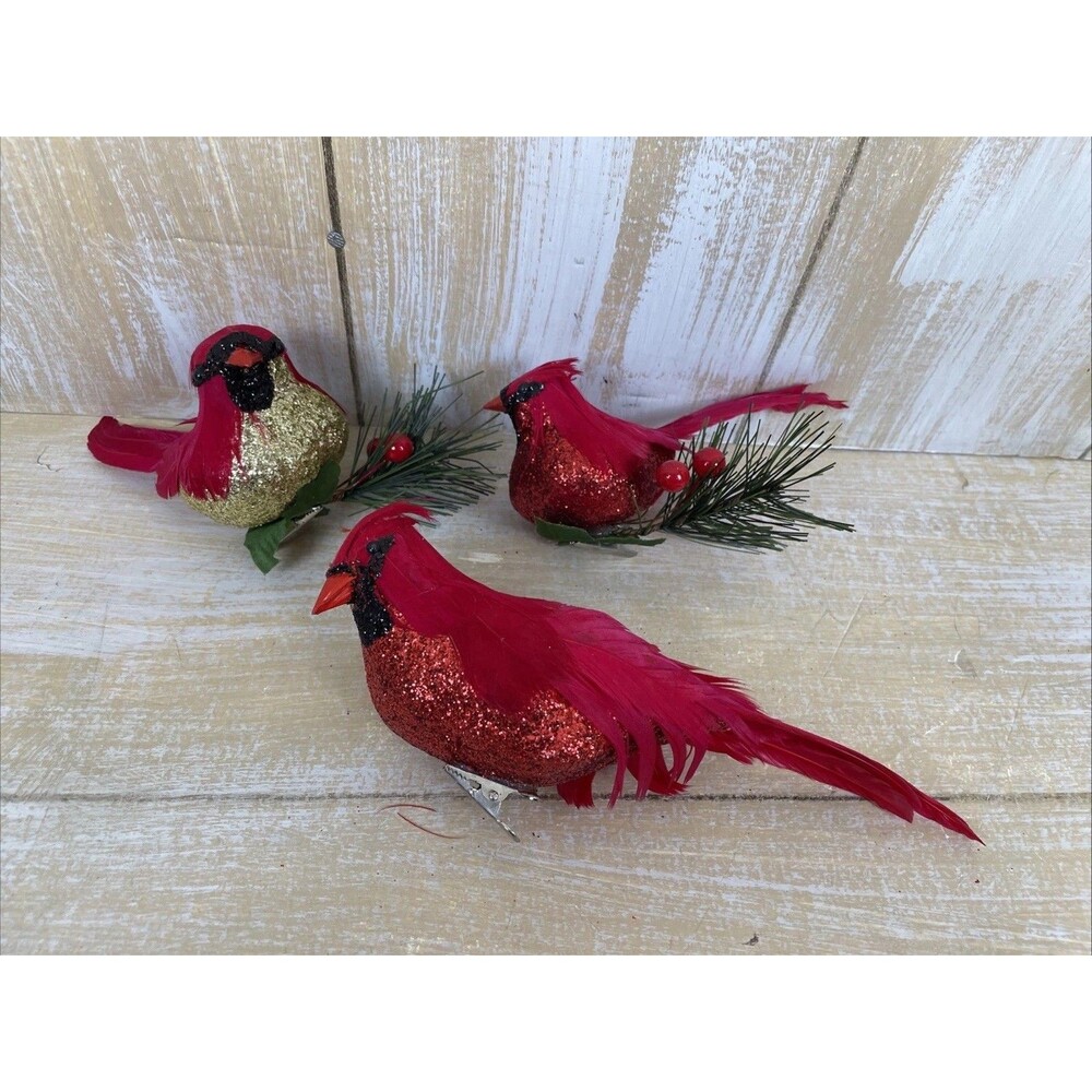 3 Red Glittered Cardinal Bird Feathered Branch Clip On Ornaments Decor